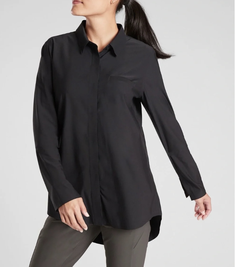 Athleta Urbanite Top 2.0 Womens XS Black Collared Button Front Long Sleeve